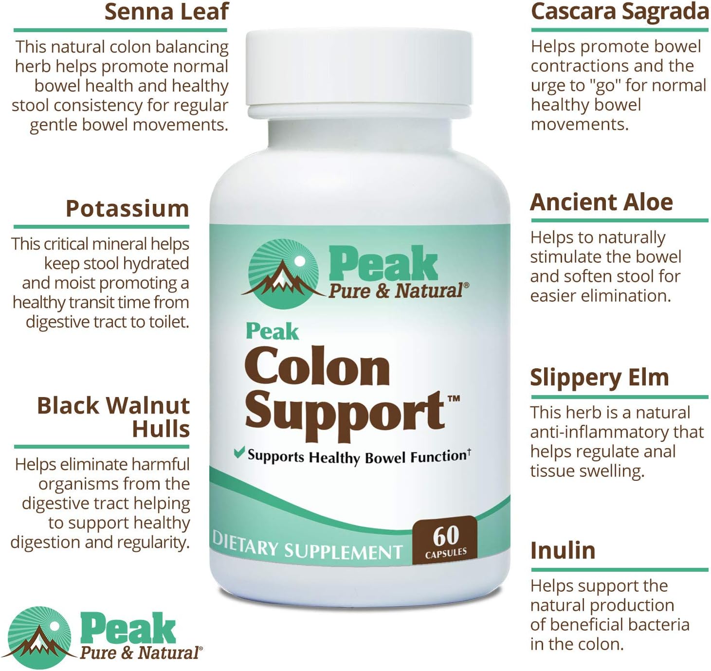 2 Pack Peak Pure & Natural Colon Support Supplement for Digestive Health - Cleanse and Detox with Inulin, Senna Leaf, Fiber, Prebiotics, and Probiotics - Gut Health Support Formula