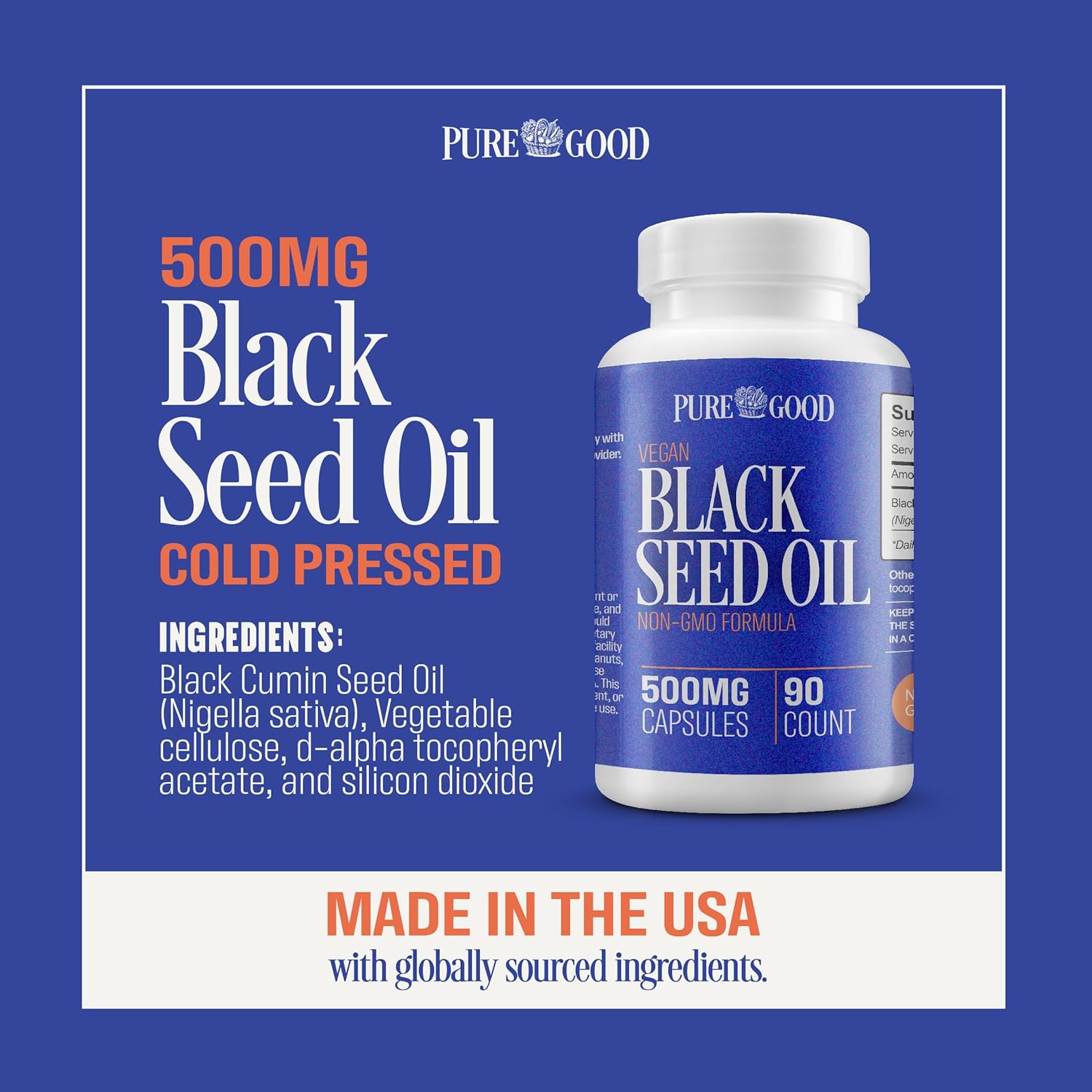 2 Pack PureGood Black Seed Oil Capsules 500mg - Cold Pressed High Potency Digestive Aid - 90 Count - Non GMO Pure Black Cumin Seed Oil