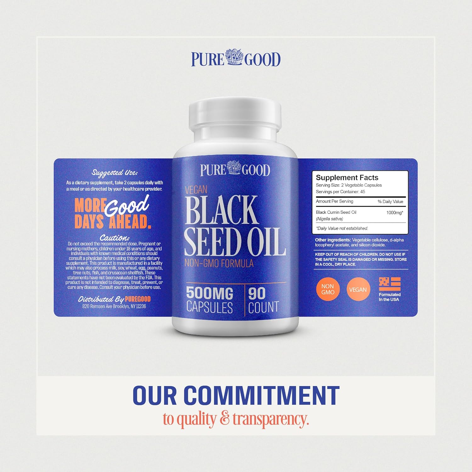 2 Pack PureGood Black Seed Oil Capsules 500mg - Cold Pressed High Potency Digestive Aid - 90 Count - Non GMO Pure Black Cumin Seed Oil