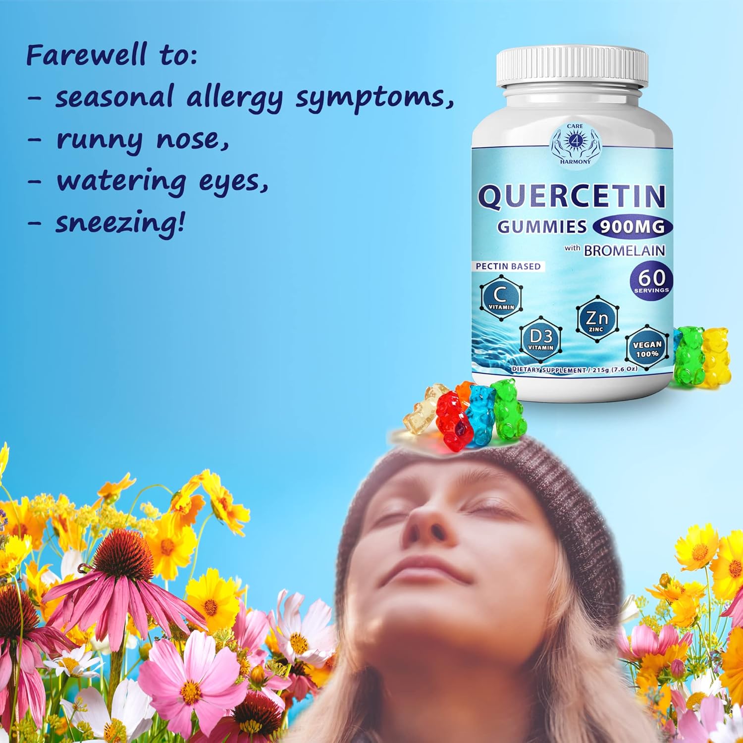 2-Pack Quercetin Gummies with Bromelain, Vitamin C, Zinc, and Vitamin D3 - Chewable 900mg Quercetin Supplements for Kids and Adults