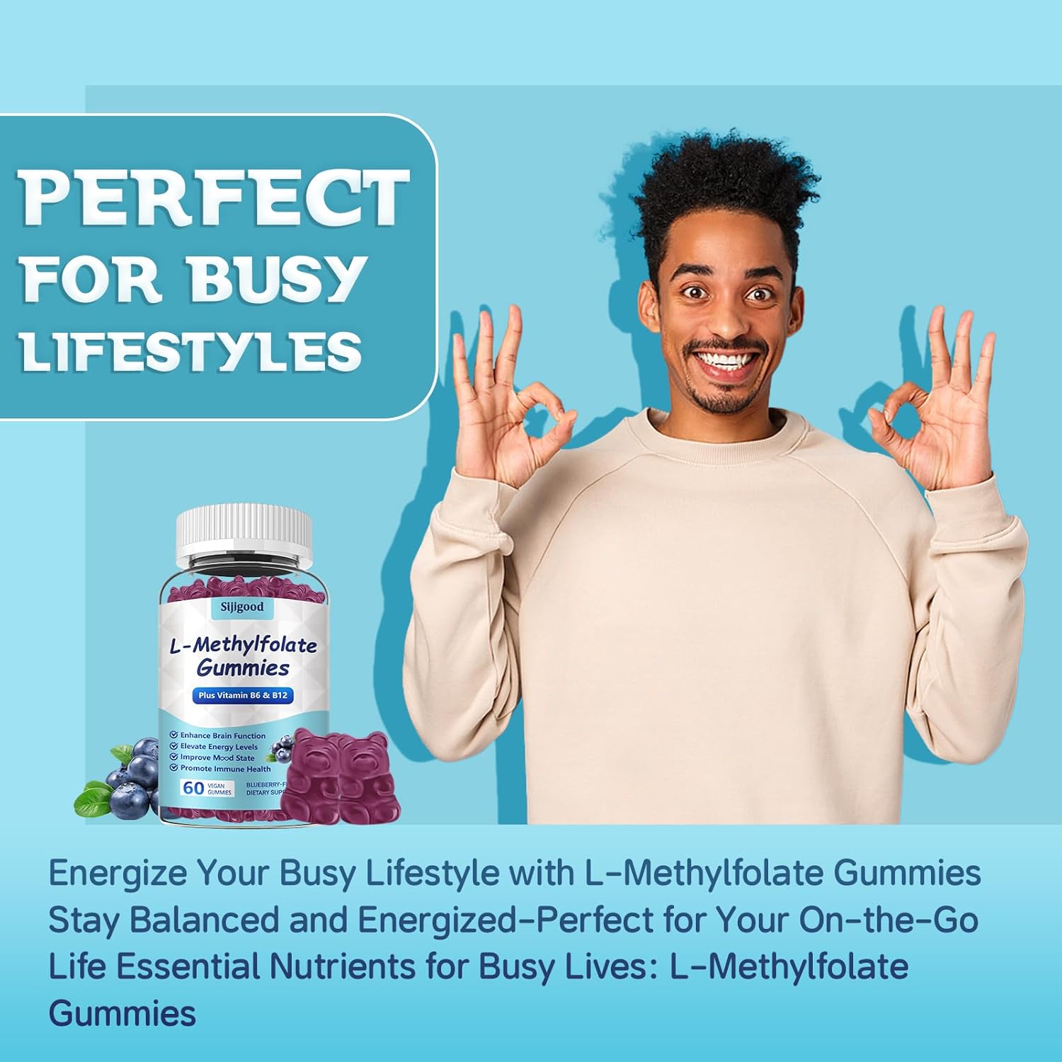 2 Pack Sijigood Blueberry L-Methylfolate Gummies with Methyl B12 - Boost Mood, Enhance Brain Health & Strengthen Immune System - 120 Count