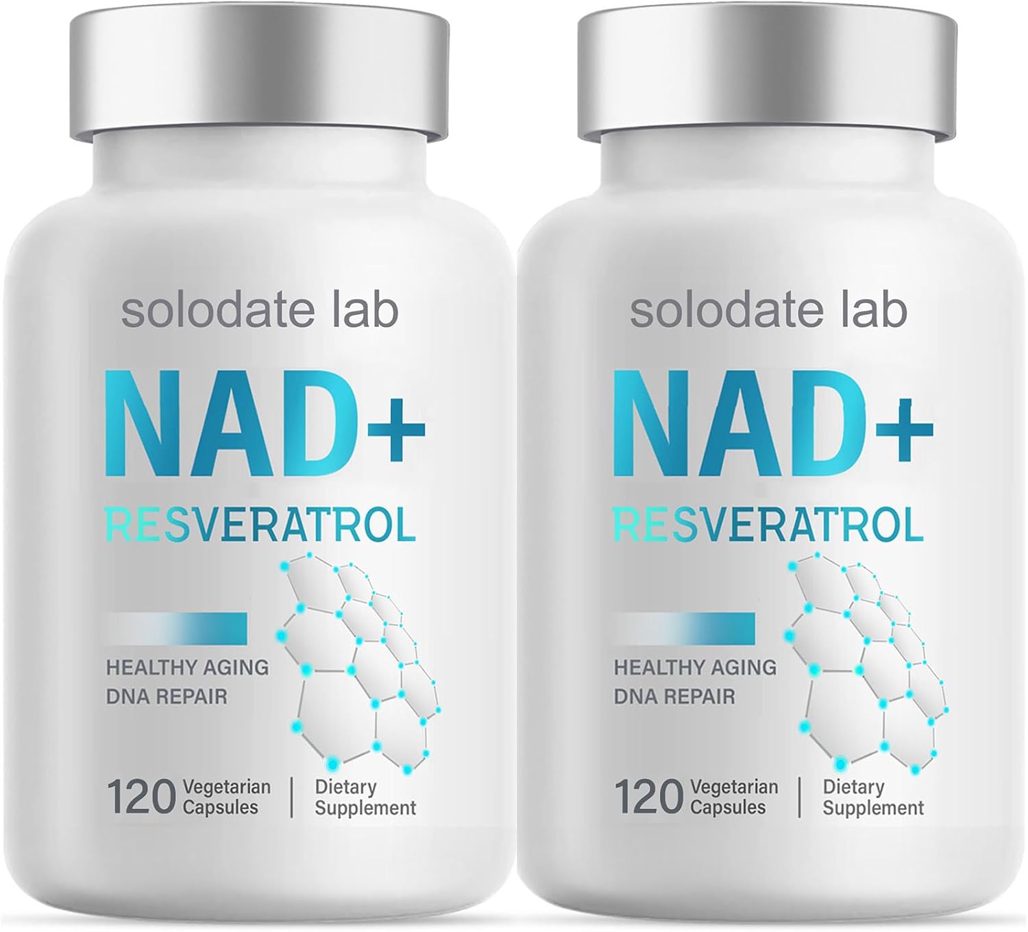 2-Pack Solodate Lab NAD Supplement 1000mg with True NAD+ & Resveratrol for Cellular Energy & Healthy Aging