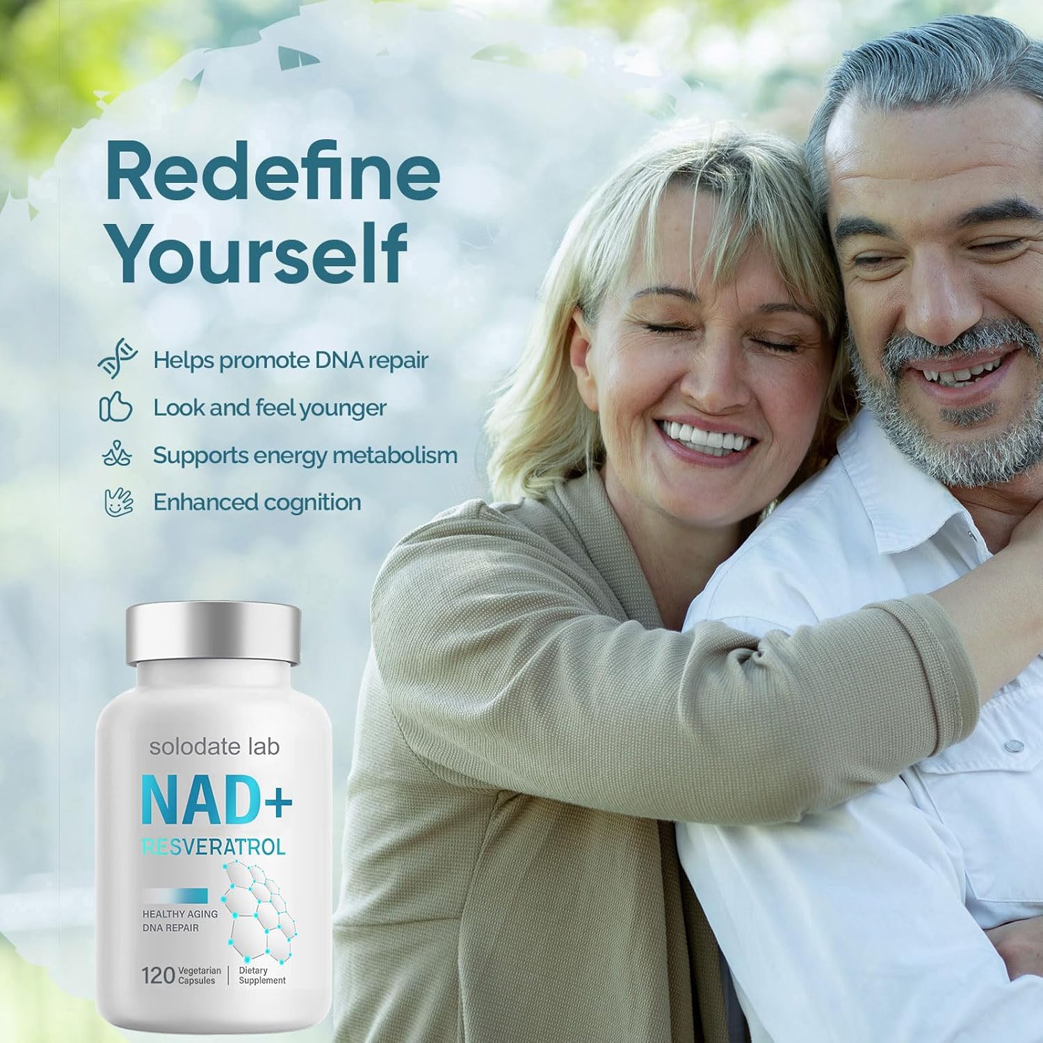 2-Pack Solodate Lab NAD Supplement 1000mg with True NAD+ & Resveratrol for Cellular Energy & Healthy Aging
