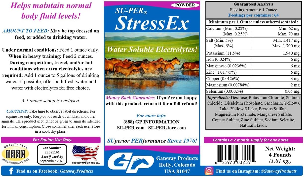 2 Pack SU-PER Stress-Ex Horse Electrolyte Supplement - 4 Pound - Maintain Body Fluid Levels - Electrolyte Replenishment for Hydration