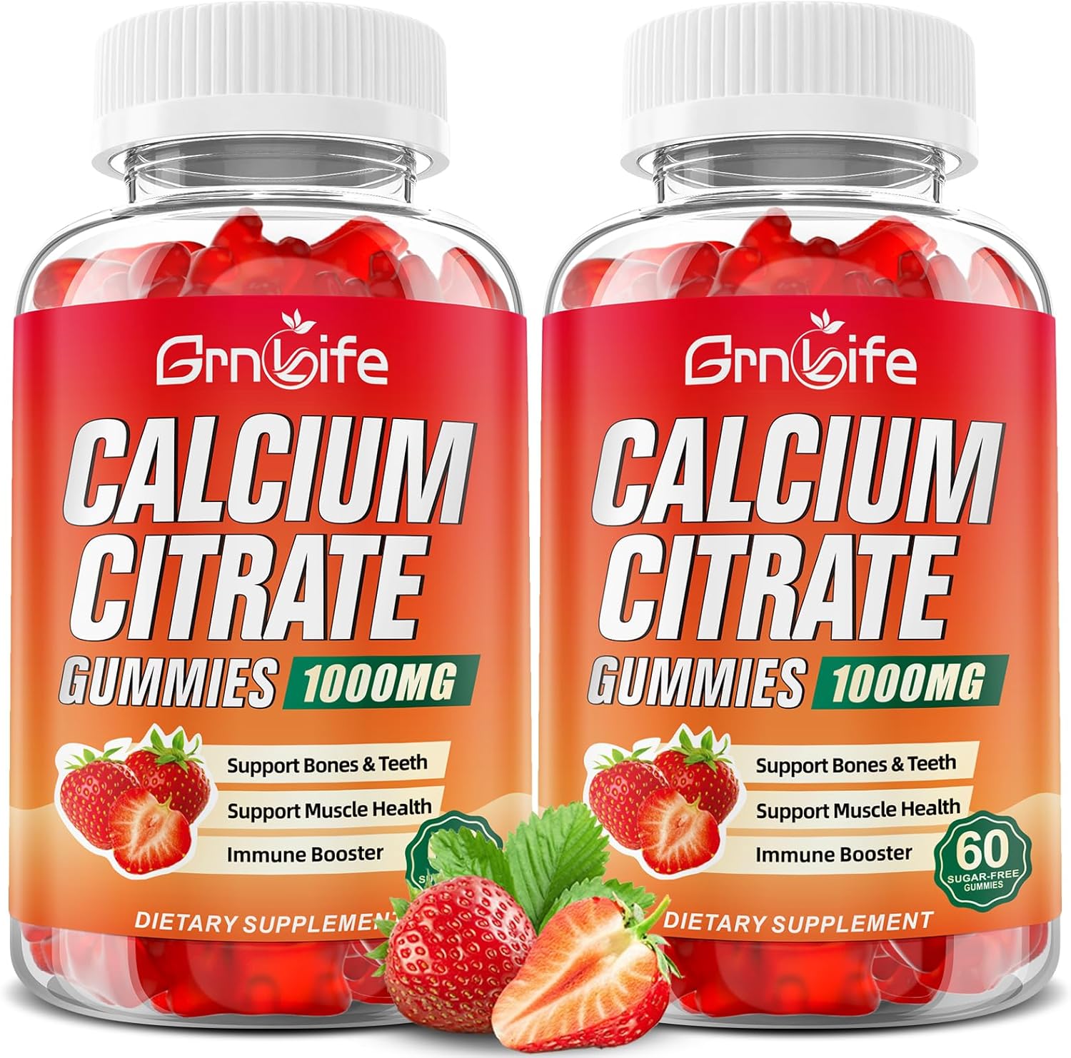 2 Pack Sugar Free Calcium Citrate Gummies - 1000mg Muscle Health Supplement for Adults & Kids - Strawberry Flavor - 120 Count