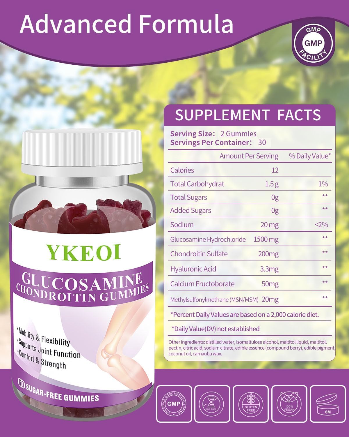 2-Pack Sugar-Free Glucosamine Chondroitin Gummies with MSM & Calcium for Joint Support in Men & Women - Cartilage & Immune Support Supplement for Mobility & Flexibility