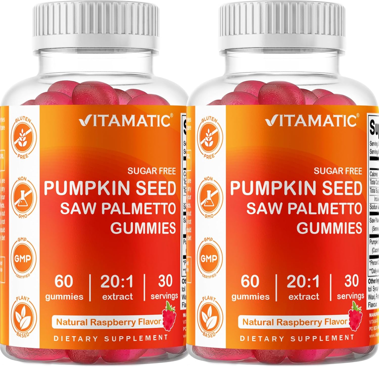 2-Pack Sugar-Free Pumpkin Seed Gummies with Saw Palmetto & Natural Raspberry Flavor - 60 Count