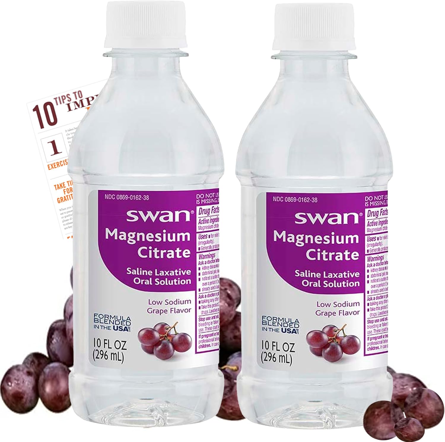 2-Pack Swan Magnesium Citrate Oral Solution for Gentle Digestive Health - 10 oz Liquid Laxative with Tip Card for Regularity - Grape Flavor