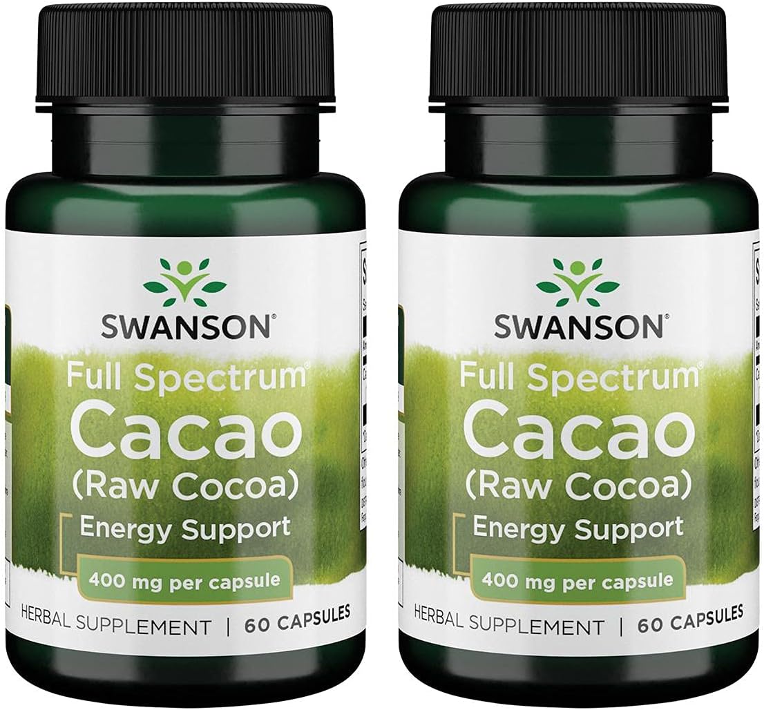 2 Pack Swanson Full Spectrum Cacao Herbal Supplement Capsules, 400mg - Promotes Mild Energy Support with Raw Cocoa - Traditional Whole Fruit Formula - 60 Count