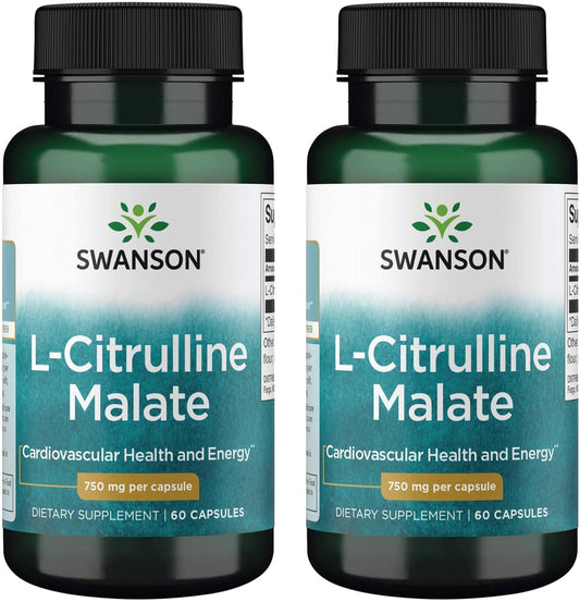 2 Pack Swanson L-Citrulline Malate Capsules - Amino Acid Supplement for Energy & Circulation - Natural Formula for Wellness - 60 Capsules, 750mg