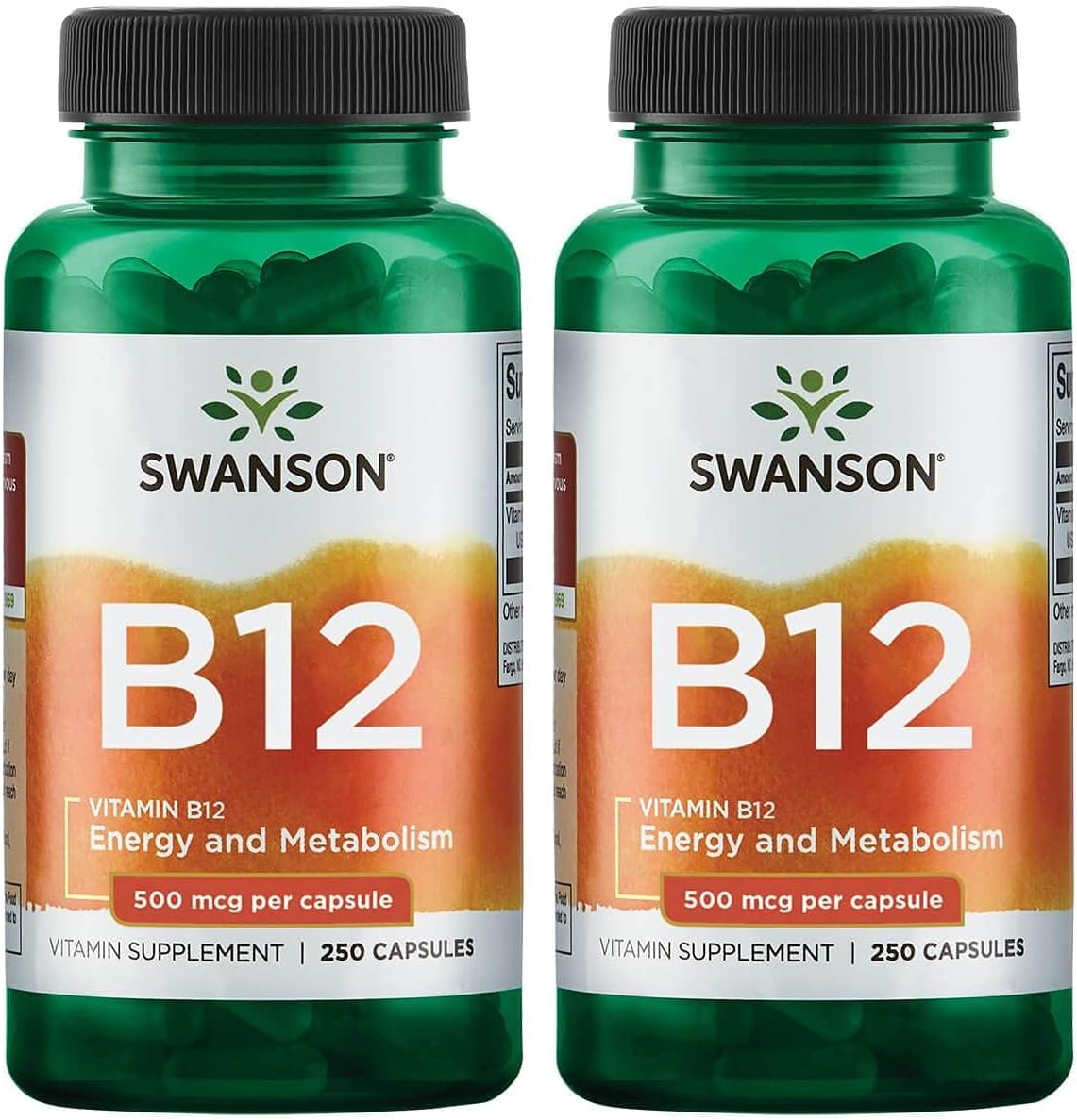 2 Pack Swanson Vitamin B12 (Cyanocobalamin) 500mcg Capsules for Energy, Nervous System, and Wellness Support