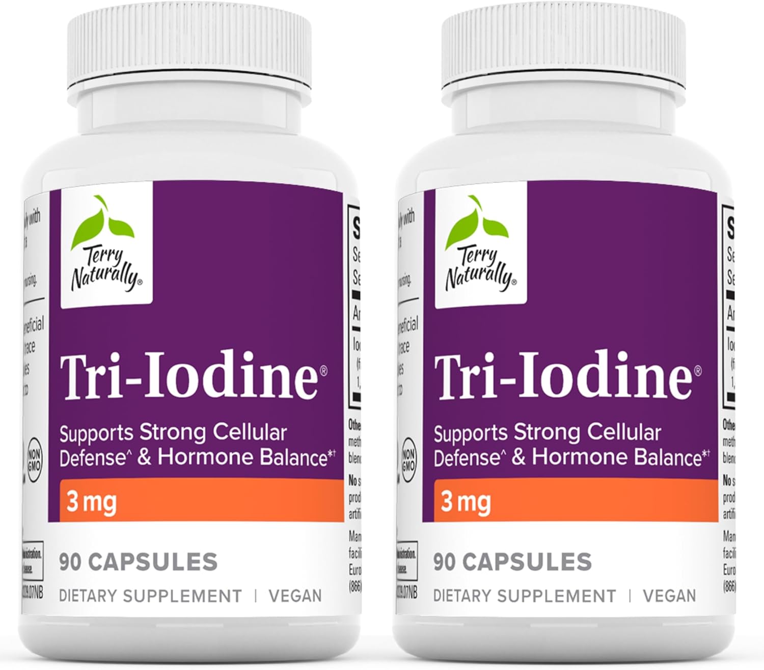 2 Pack Terry Naturally Tri-Iodine 3 mg Capsules - 90 Capsules Each - Promotes Cellular Defense & Hormone Balance - Non-GMO, Vegan, Kosher, Gluten Free - 180 Servings