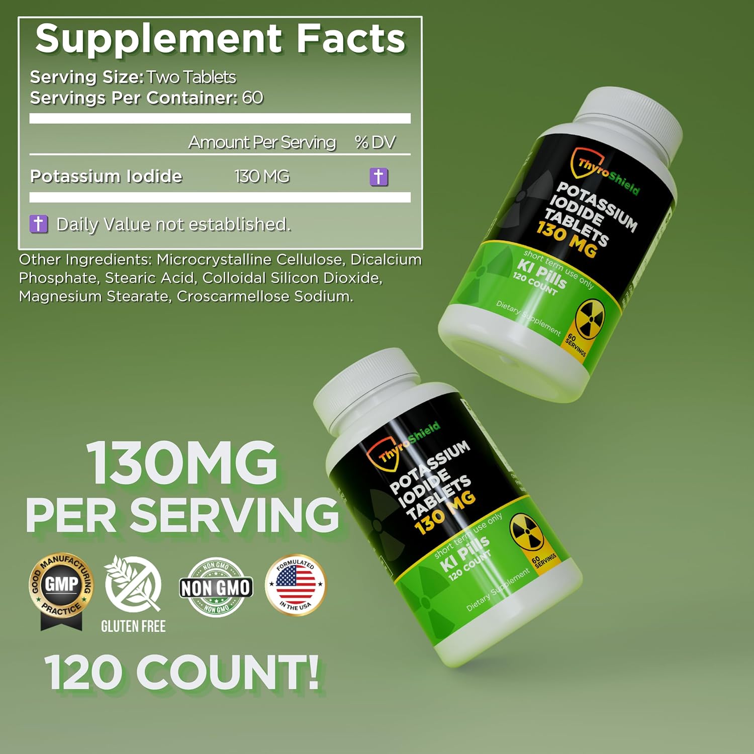 2 Pack ThyroShield Potassium Iodide Tablets - 130mg for Radiation Exposure - USA Made Nuclear Fallout KI Pills - YODO Naciente 120 Tablets