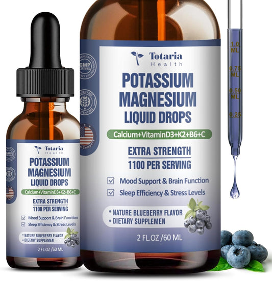 2 Pack Totaria Liquid Drops: Potassium Magnesium Supplement - 200mg Potassium, 600mg Triple Complex Magnesium Glycinate Citrate Oil for Bone, Muscle, Leg Cramps Support