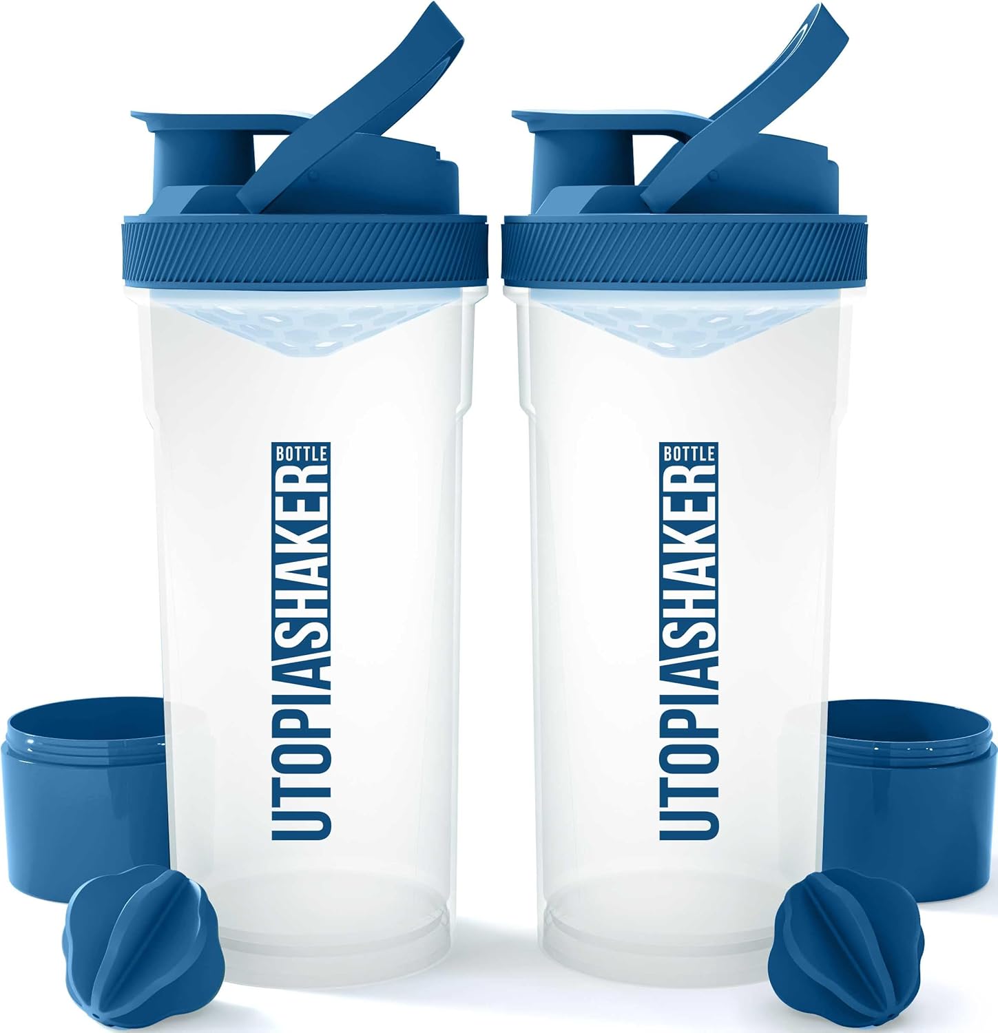 2 Pack Utopia Home Shaker Bottles - 24 Ounce Clear/Navy Plastic Protein & Cocktail Shaker with Twist & Lock Storage for Pre & Post Workout