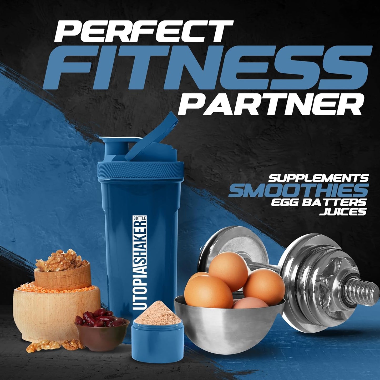 2 Pack Utopia Home Shaker Bottles - 24 Ounce Clear/Navy Plastic Protein & Cocktail Shaker with Twist & Lock Storage for Pre & Post Workout