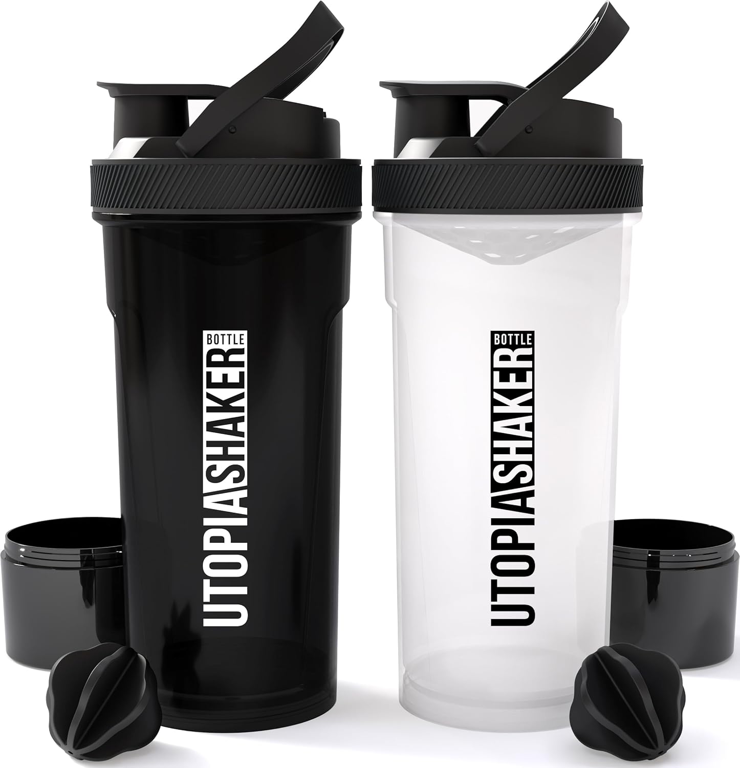 2 Pack Utopia Home Shaker Bottles - 24 oz Plastic Protein/Cocktail Shaker for Pre/Post Workout w/ Twist & Lock Protein Box - Black & Clear/Black