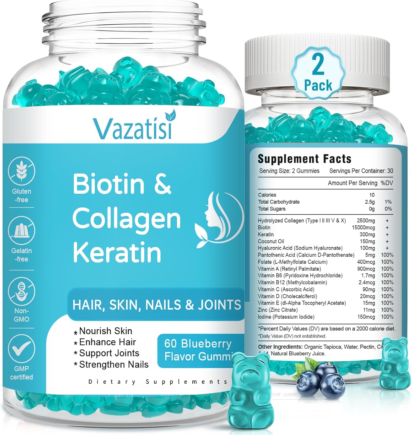 2 Pack Vazatisi Biotin Gummies with Collagen & Keratin - Hair, Skin, Nails, Joints - Blueberry Flavor - Women, Men, Kids - 120 Gummies