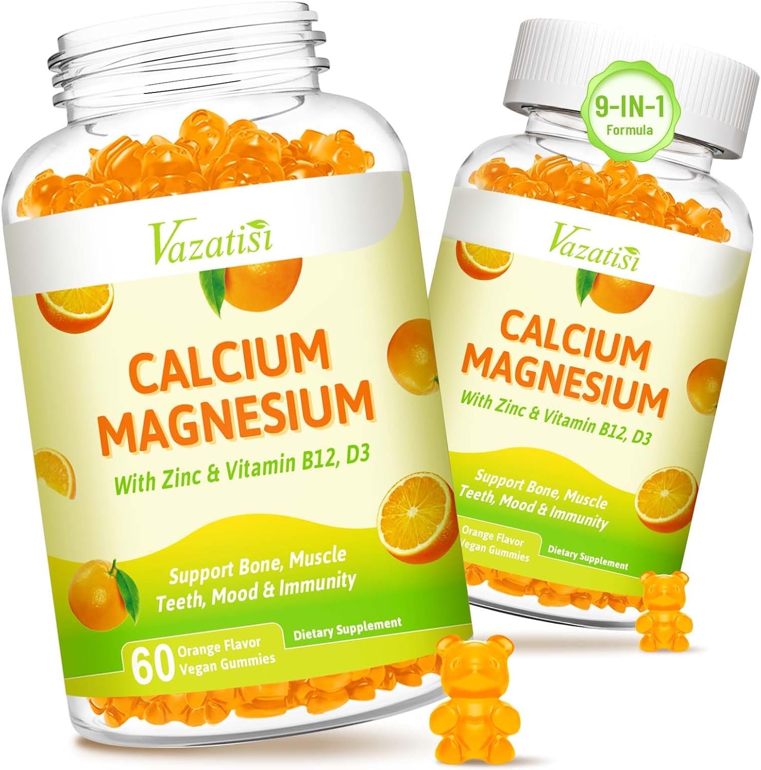 2 Pack Vegan Calcium Magnesium Zinc Gummies with Vitamin D3 & B12, 2:1 Ratio for Bone, Muscle, Mood, Immunity - 120 Orange Flavor Gummies