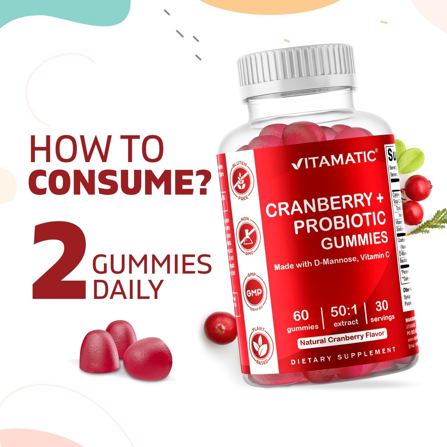 2 Pack Vegan Cranberry Gummies for Women Urinary Tract Health - D-Mannose, Probiotic, Vitamin C - 50X Concentrate Extract - 60 Count - Non-GMO, Gluten Free