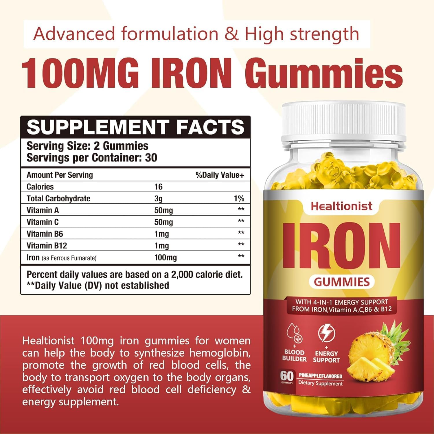2 Pack Vegan Iron Gummies for Adults & Kids - 100mg Iron Supplements for Energy & Blood Support - Pineapple Flavor - 120 Count