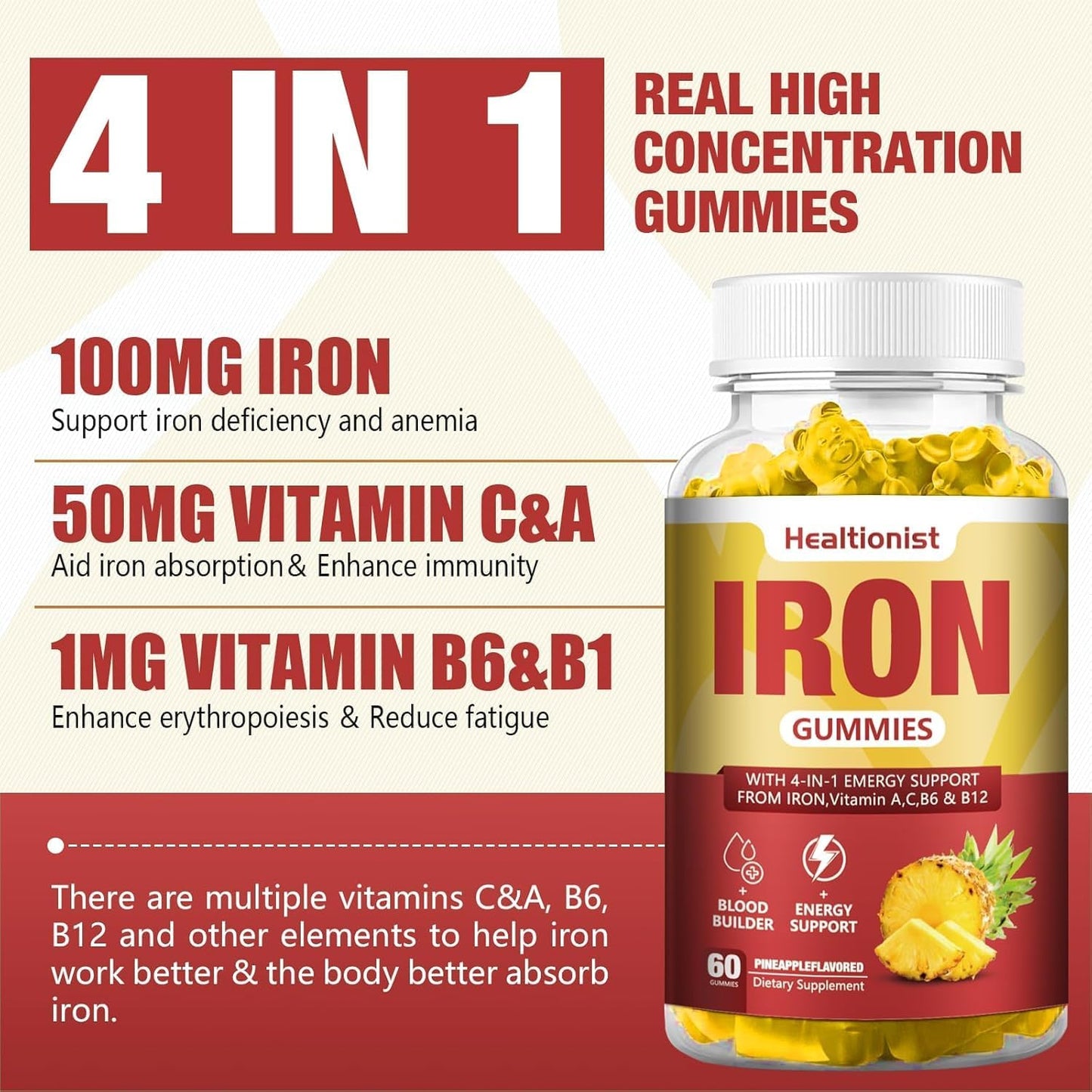 2 Pack Vegan Iron Gummies for Adults & Kids - 100mg Iron Supplements for Energy & Blood Support - Pineapple Flavor - 120 Count