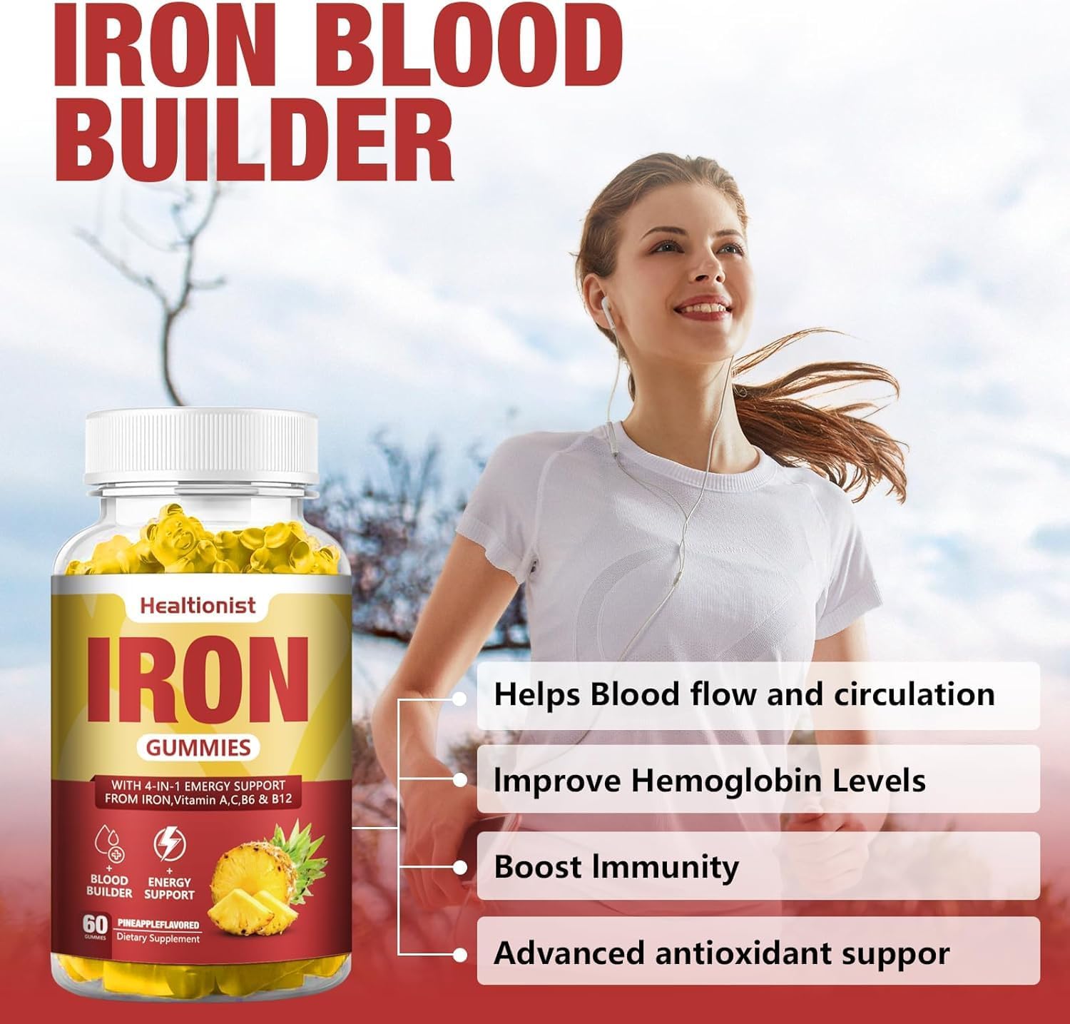 2 Pack Vegan Iron Gummies for Adults & Kids - 100mg Iron Supplements for Energy & Blood Support - Pineapple Flavor - 120 Count