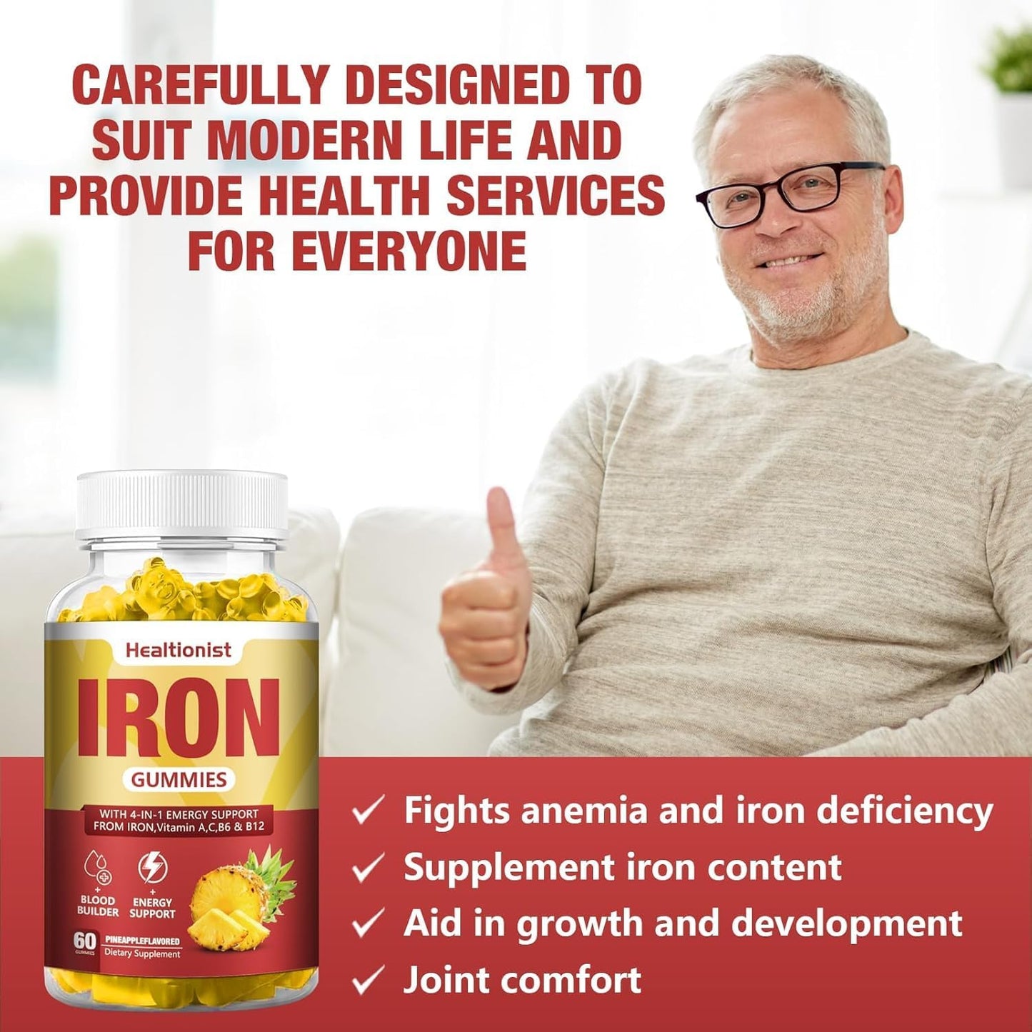 2 Pack Vegan Iron Gummies for Adults & Kids - 100mg Iron Supplements for Energy & Blood Support - Pineapple Flavor - 120 Count