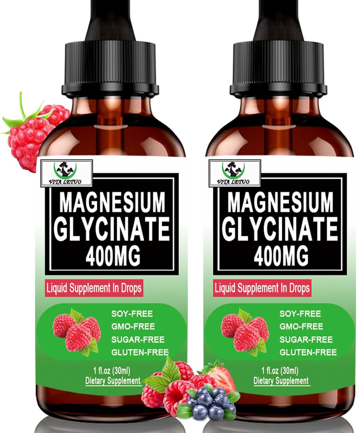 2 Pack Vita Letuo Magnesium Glycinate Liquid Drops - High Absorption Supplement for Bone Health, Sleep, and Immune Support - 400mg Pure Magnesium Glycinate for Men and Women - Vegan and Non-GMO