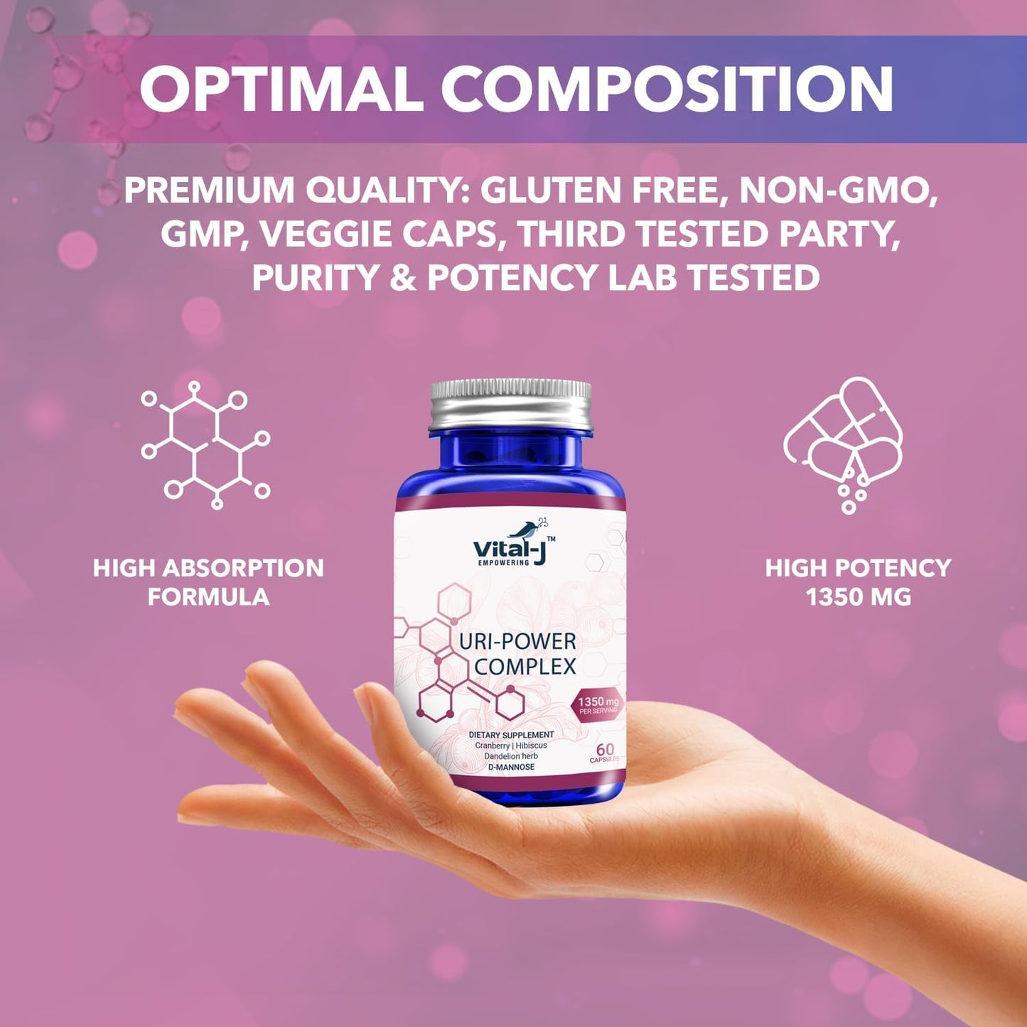 2-Pack Vital-J 4-IN-1 URI POWER COMPLEX 1350mg - D Mannose, Cranberry, Hibiscus, Dandelion Herb - Bladder & UTI Cleanse - 60 Day Supply
