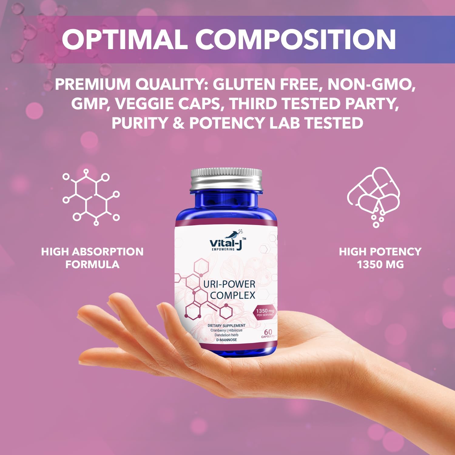 2-Pack Vital-J 4-IN-1 URI POWER COMPLEX 1350mg - D Mannose, Cranberry, Hibiscus, Dandelion Herb - Bladder & UTI Cleanse - 60 Day Supply