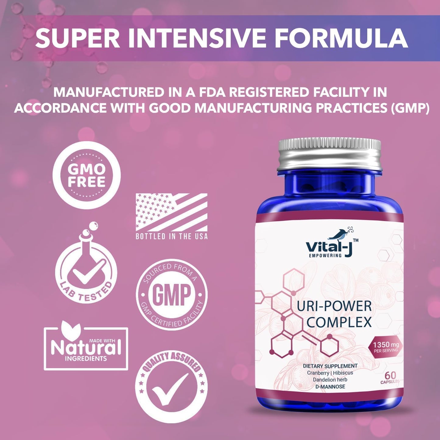 2-Pack Vital-J 4-IN-1 URI POWER COMPLEX 1350mg - D Mannose, Cranberry, Hibiscus, Dandelion Herb - Bladder & UTI Cleanse - 60 Day Supply