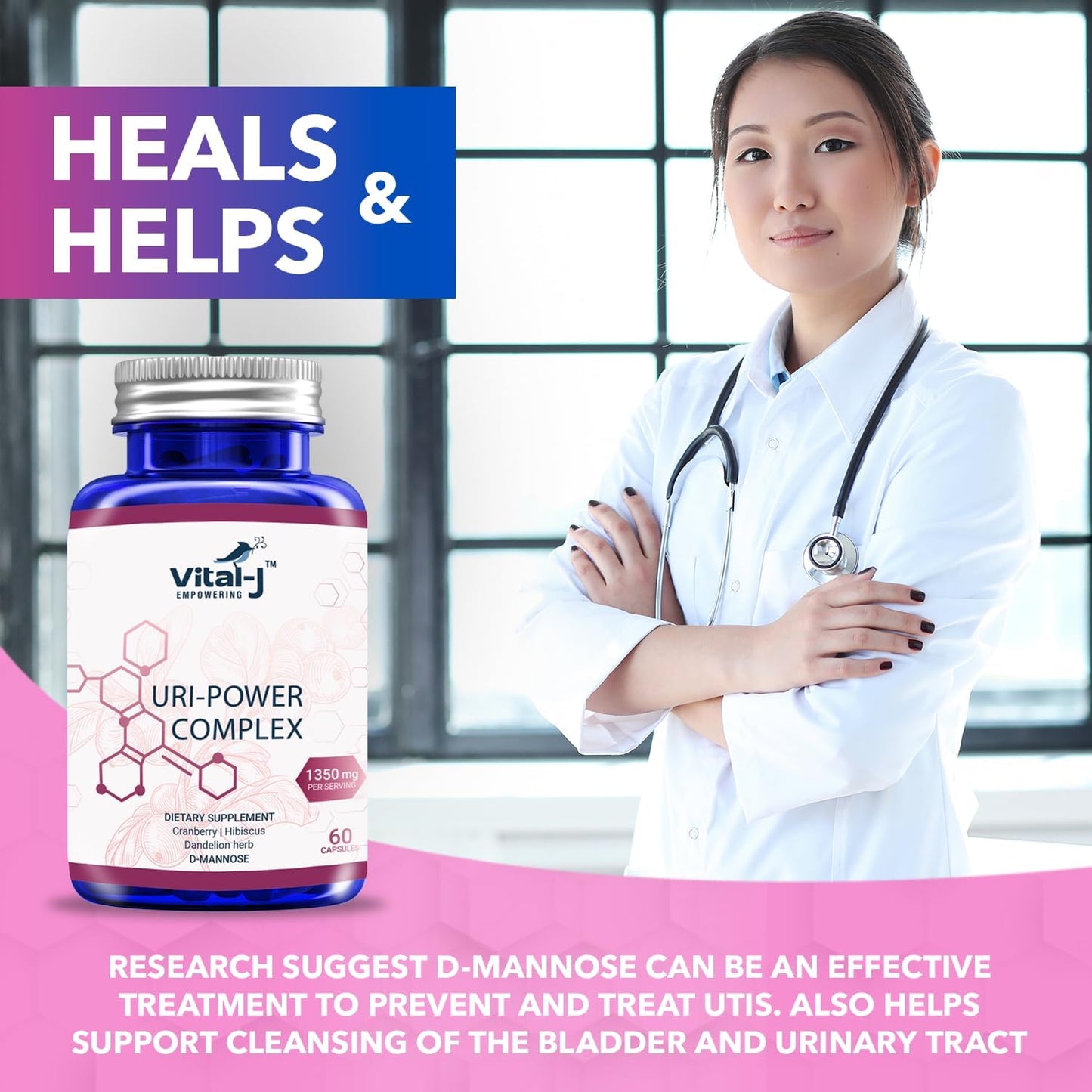 2-Pack Vital-J 4-IN-1 URI POWER COMPLEX 1350mg - D Mannose, Cranberry, Hibiscus, Dandelion Herb - Bladder & UTI Cleanse - 60 Day Supply