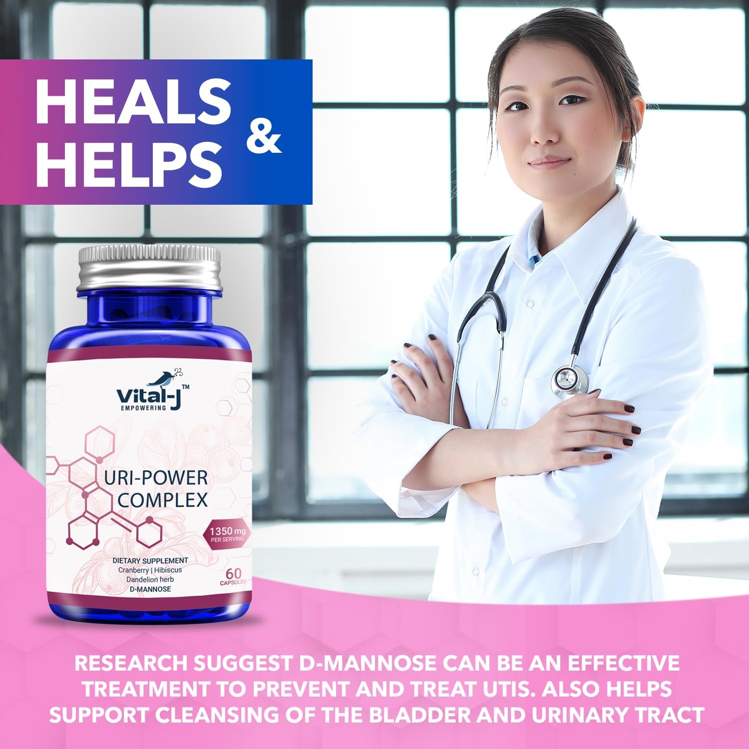 2-Pack Vital-J 4-IN-1 URI POWER COMPLEX 1350mg - D Mannose, Cranberry, Hibiscus, Dandelion Herb - Bladder & UTI Cleanse - 60 Day Supply