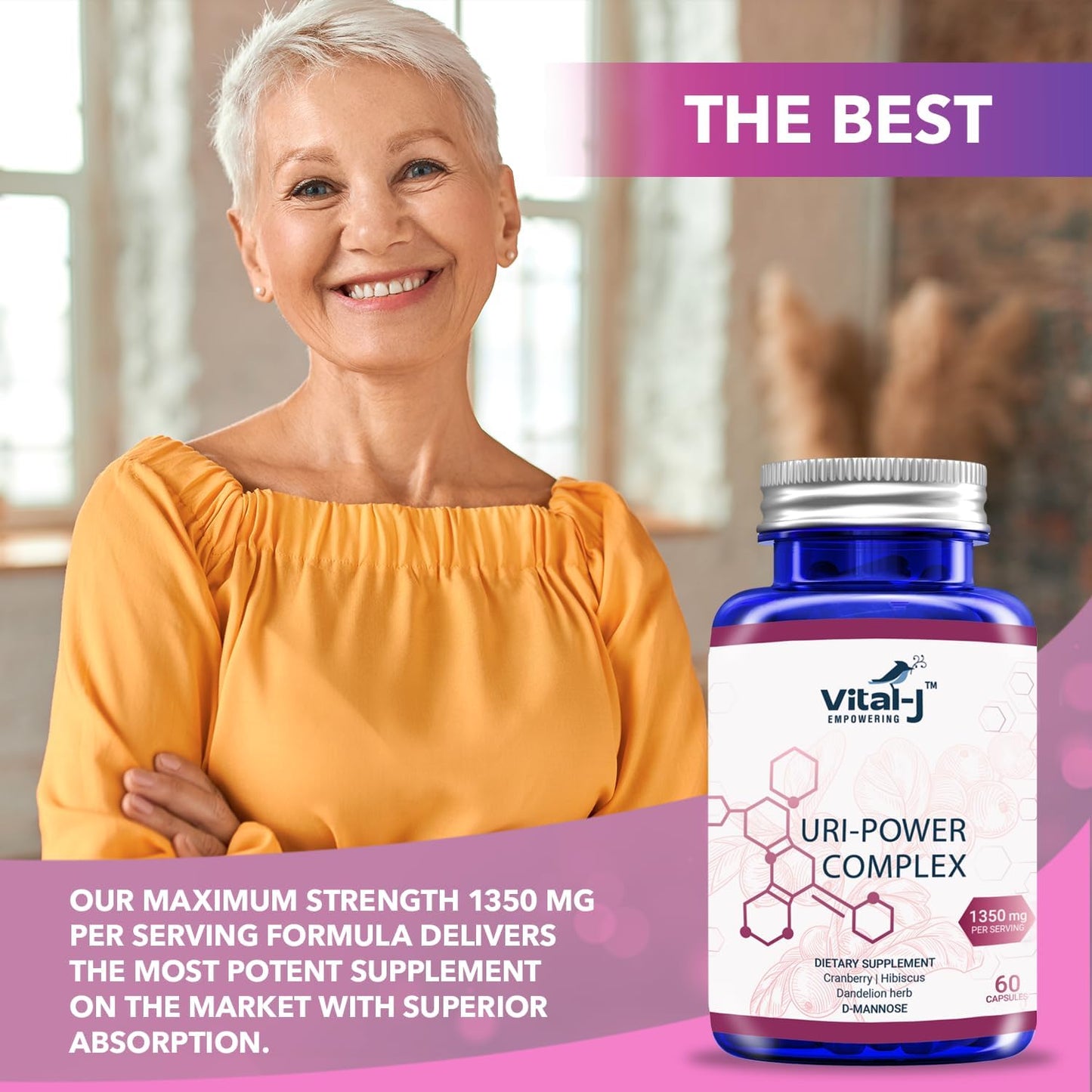 2-Pack Vital-J 4-IN-1 URI POWER COMPLEX 1350mg - D Mannose, Cranberry, Hibiscus, Dandelion Herb - Bladder & UTI Cleanse - 60 Day Supply