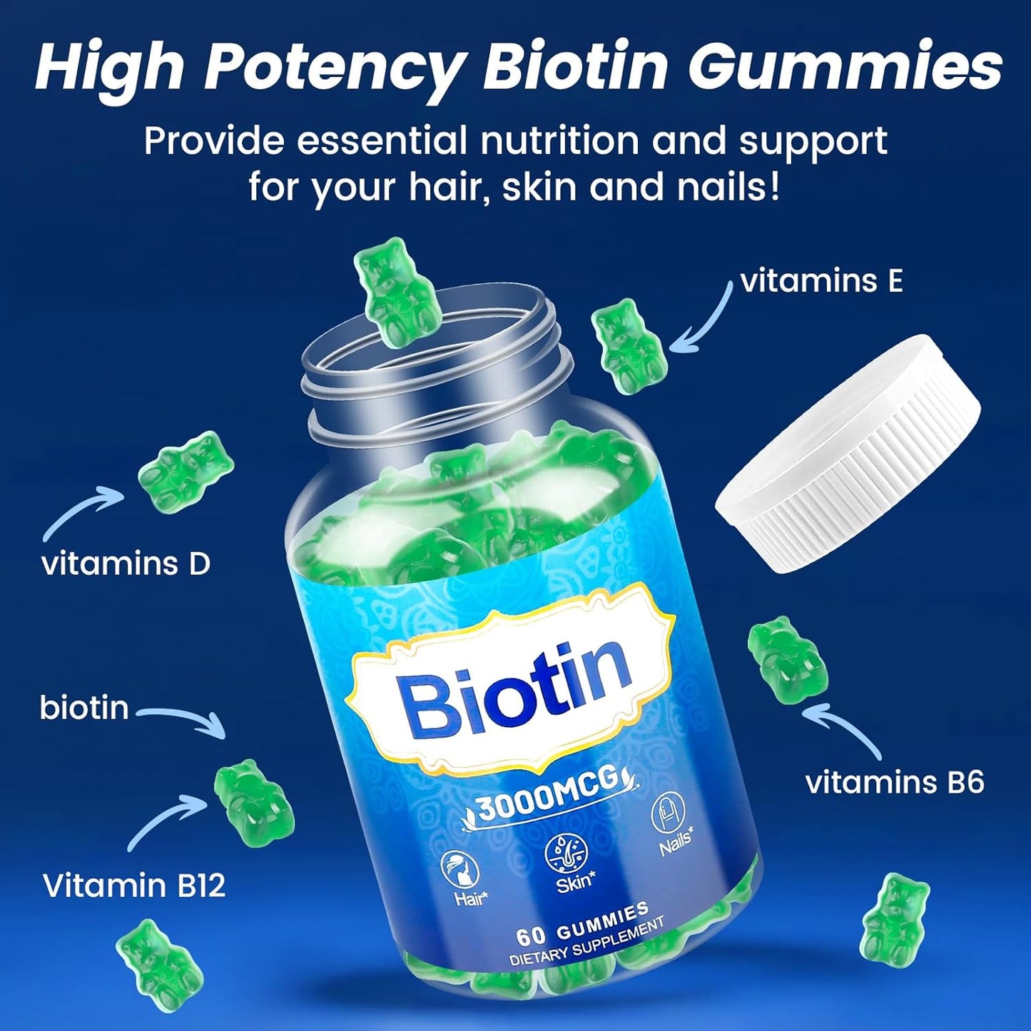 2-Pack Vitaluxy Hair Skin and Nails Gummies with High Potency Vitamins for Women, Men & Kids - Biotin Gummies for Hair Growth, Skin, and Nails - Includes Vitamin D, E, B16, and B12