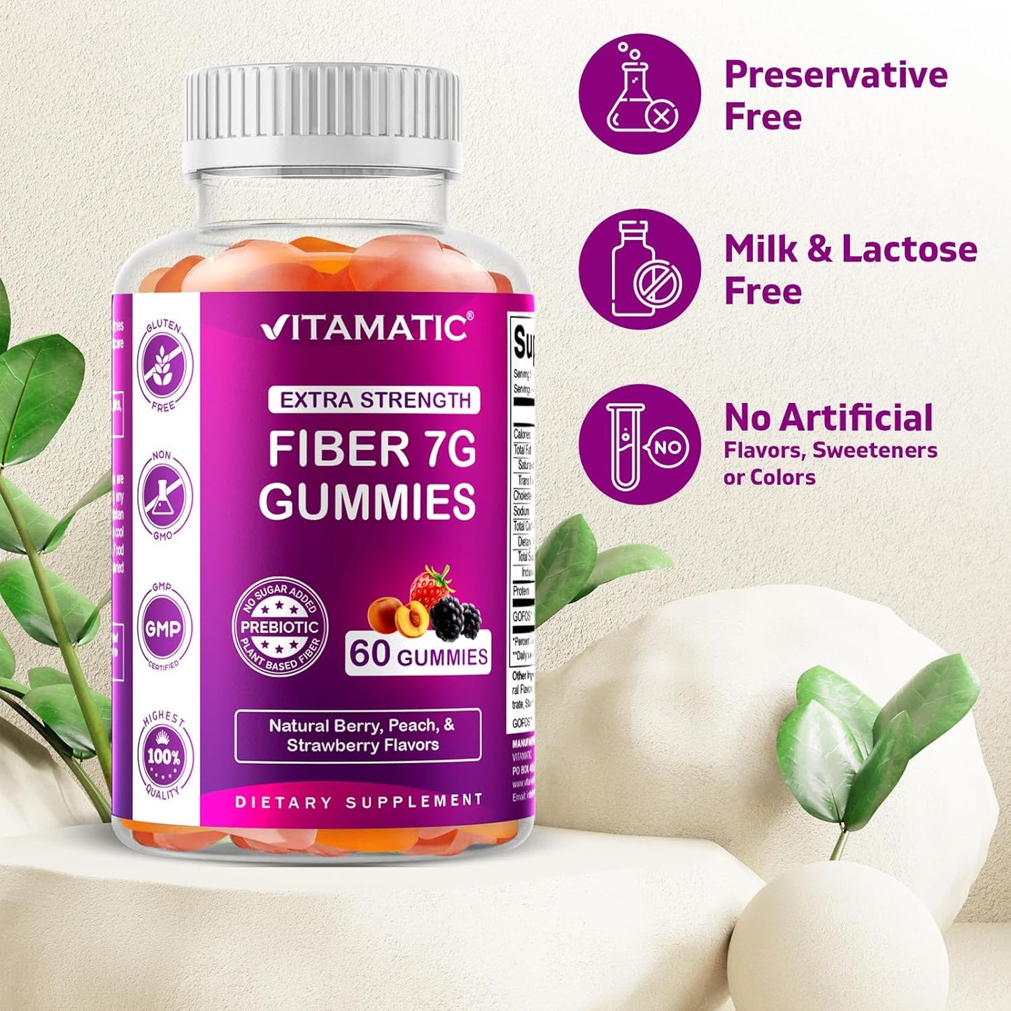 2 Pack Vitamatic Prebiotic Fiber Gummies for Adults - Extra Strength 7G Fiber - Zero Sugar - 60 Pectin Based Gummies - Digestive Health & Regularity Support - 120 Count Total