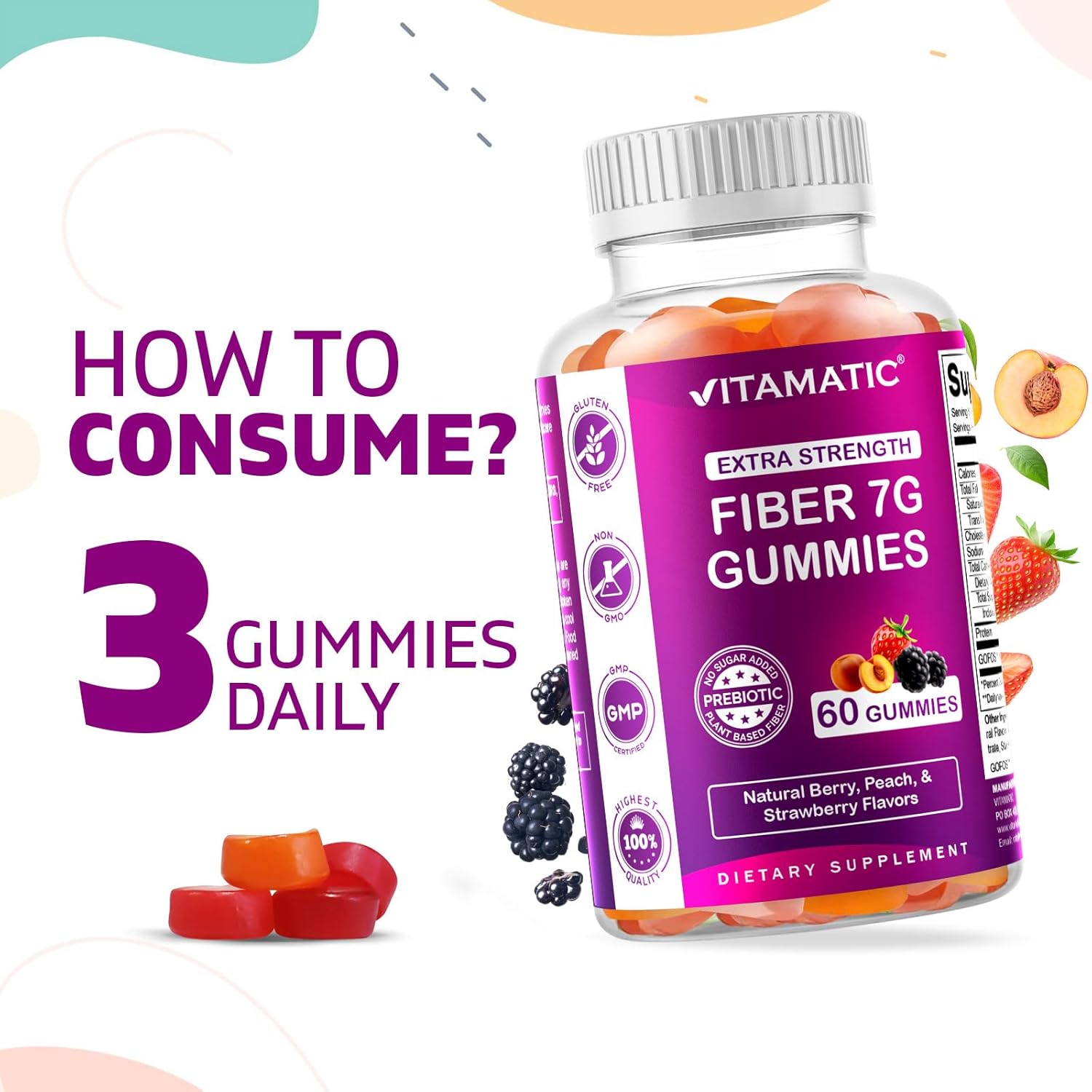 2 Pack Vitamatic Prebiotic Fiber Gummies for Adults - Extra Strength 7G Fiber - Zero Sugar - 60 Pectin Based Gummies - Digestive Health & Regularity Support - 120 Count Total