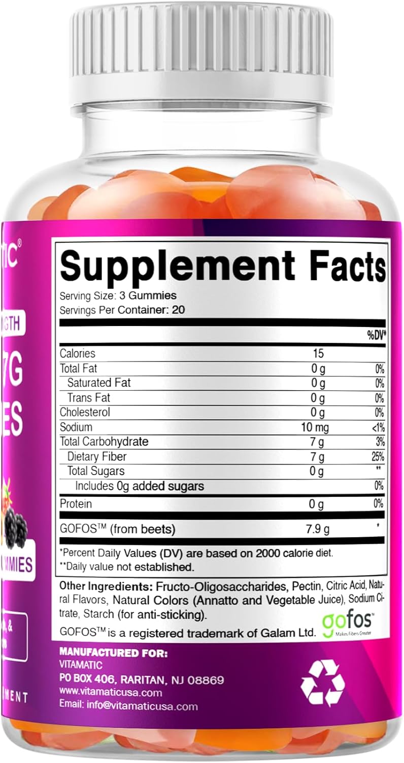 2 Pack Vitamatic Prebiotic Fiber Gummies for Adults - Extra Strength 7G Fiber - Zero Sugar - 60 Pectin Based Gummies - Digestive Health & Regularity Support - 120 Count Total
