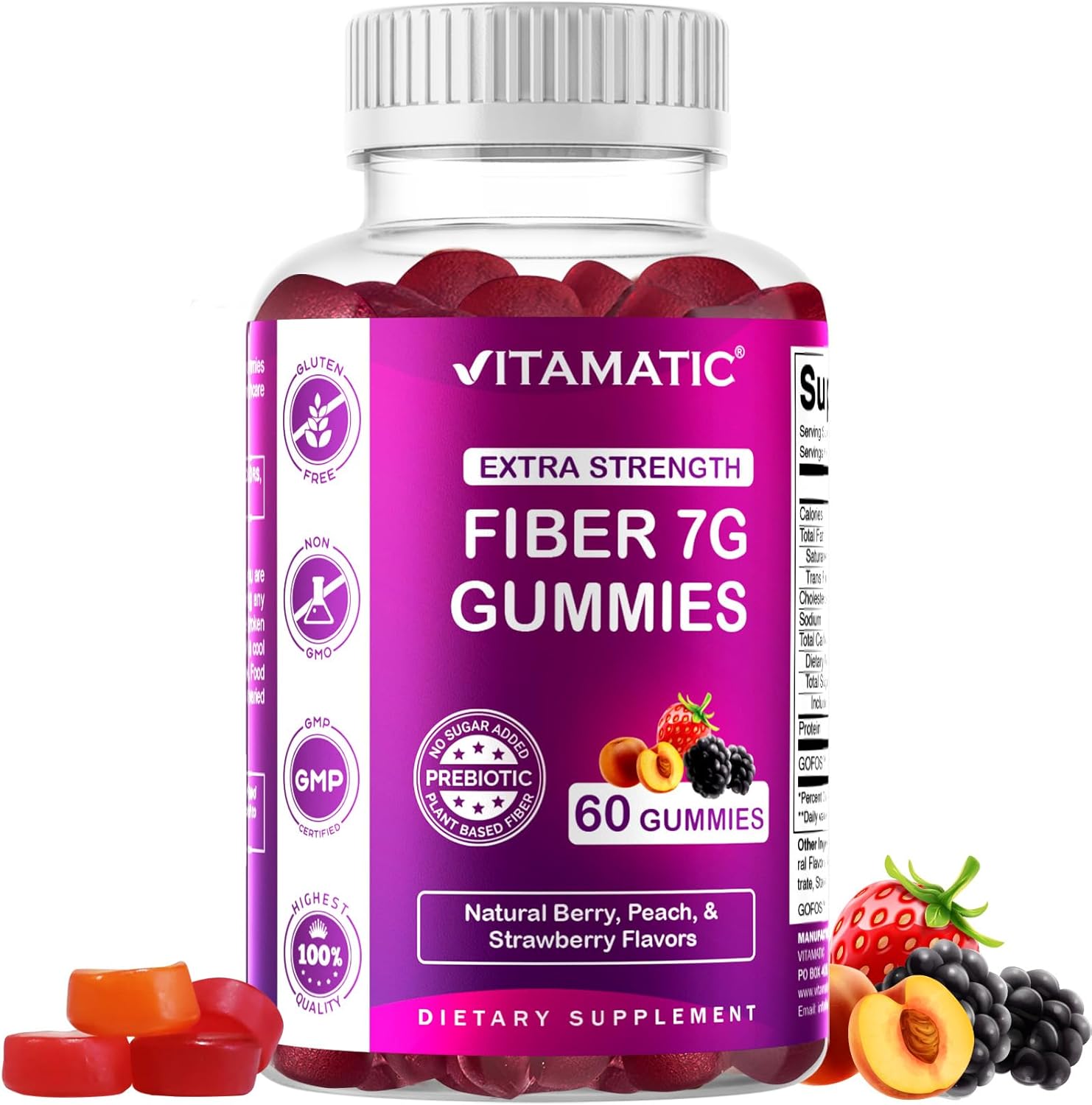 2 Pack Vitamatic Prebiotic Fiber Gummies for Adults - Extra Strength 7G Fiber - Zero Sugar - 60 Pectin Based Gummies - Digestive Health & Regularity Support - 120 Count Total