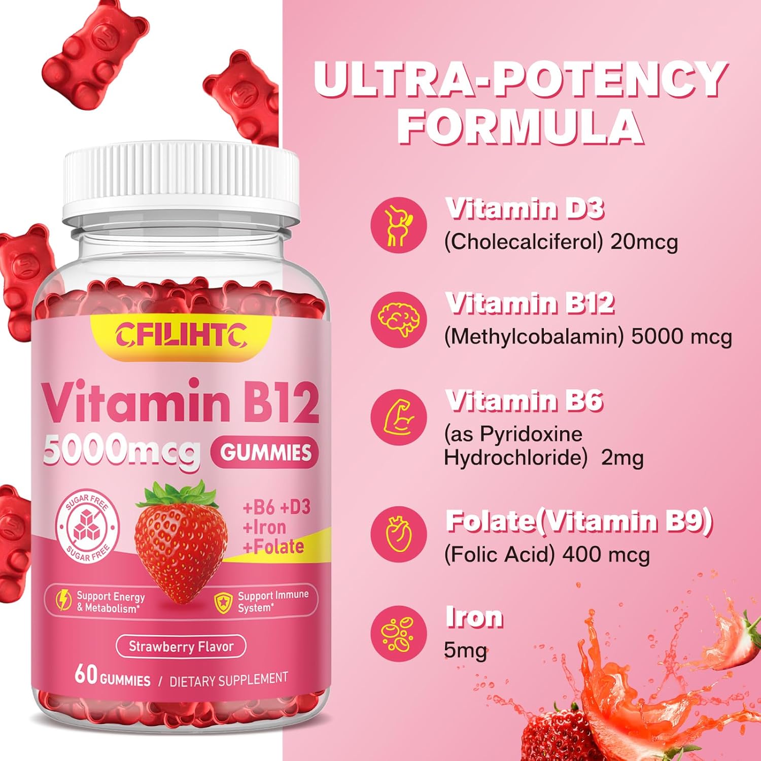 2 Pack Vitamin B12 Gummies 5000mcg for Adults - Methyl B12 with B6, D3, Iron, Folate - Energy & Metabolism Support, Mood & Immune Boost - Sugar Free