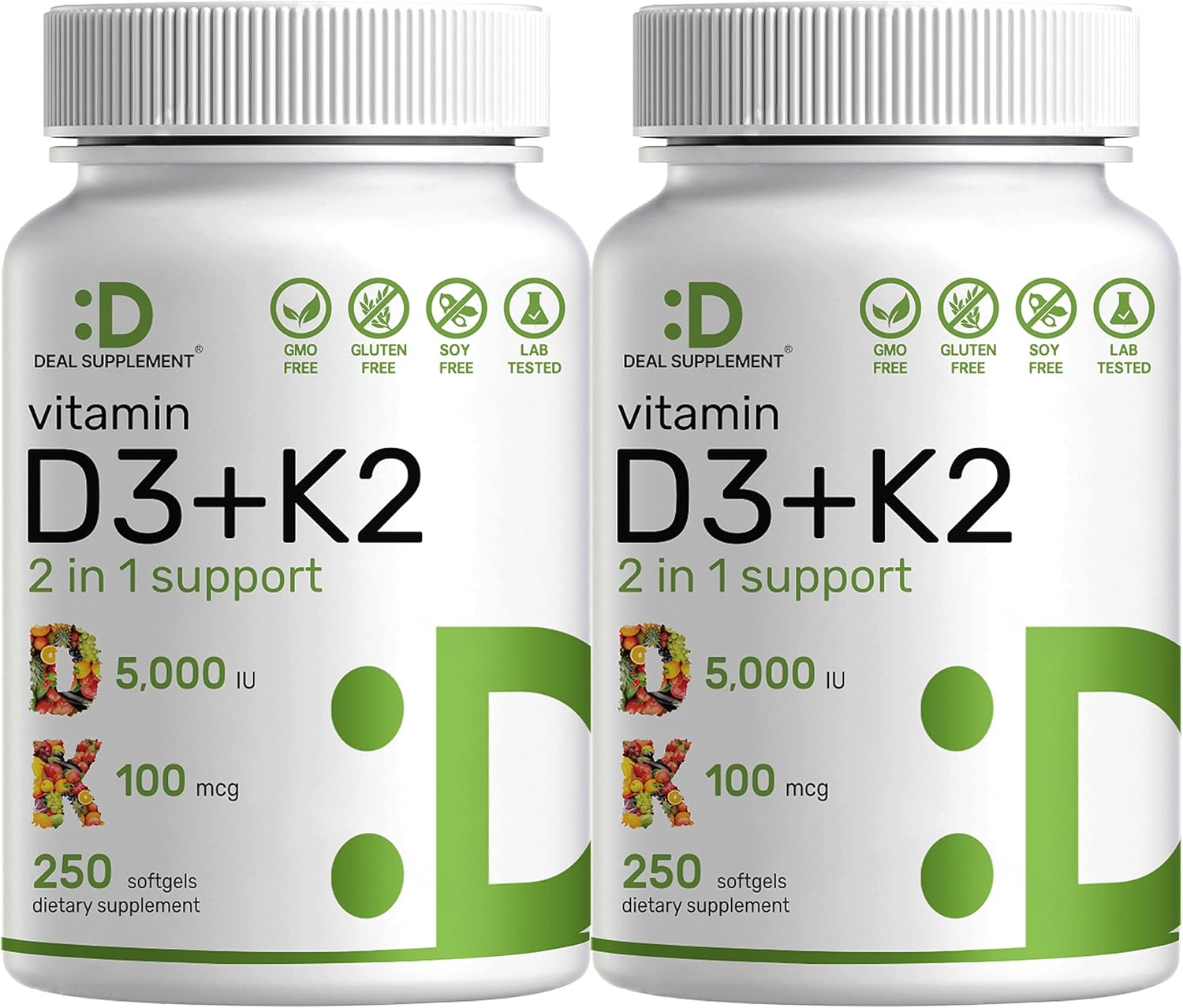 2-Pack Vitamin D3 K2 Softgel Bundle, 5000 IU D3 & K2 MK7 Complex, 250 Count, Promotes Heart, Bone, Teeth Health - Easy to Swallow