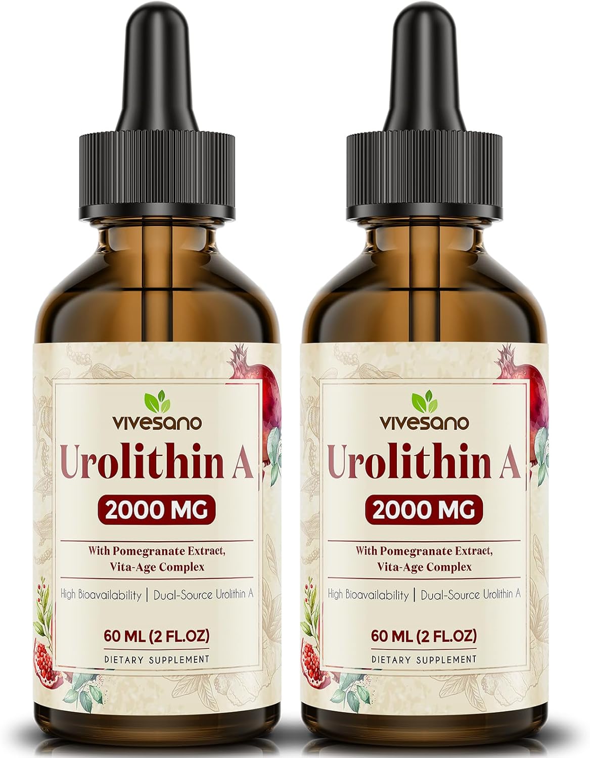 2-Pack ViveSano Urolithin A 2000MG Liquid Drops with Pomegranate Extract and Vita-Age Complex for High Bioavailability