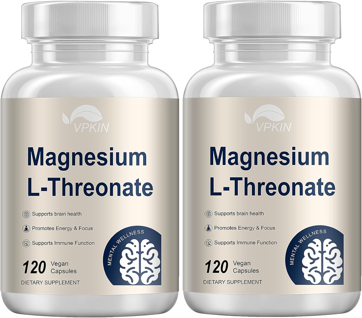 2 Pack VPKIN Magnesium L-Threonate Capsules with Vitamin C & D3 - High Absorption, Memory & Focus Support (120 Caps)