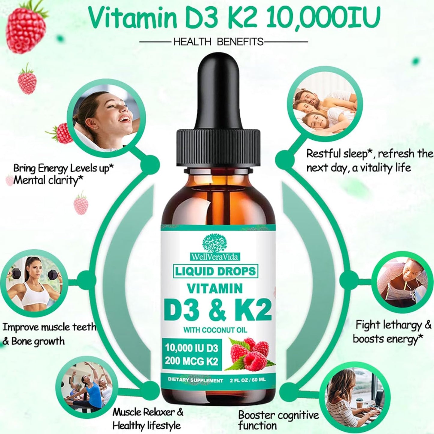 2 Pack WellVeraVida Liquid D3 K2 Vitamin with Coconut Oil, 10000iu D3 & 200mcg K2 (MK-7), Enhanced with Magnesium Zinc for Joint & Bone Health - Stronger Than Softgels