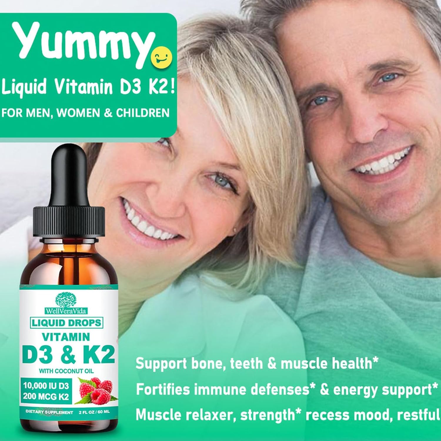 2 Pack WellVeraVida Liquid D3 K2 Vitamin with Coconut Oil, 10000iu D3 & 200mcg K2 (MK-7), Enhanced with Magnesium Zinc for Joint & Bone Health - Stronger Than Softgels
