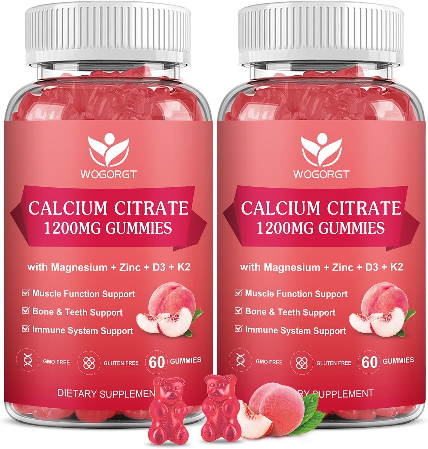 2-Pack WOGORGT Calcium Citrate 1200mg Gummies with Vitamin D3, K2 - Chewable Calcium Magnesium Zinc d3 Supplement with Sea Moss Extract - Peach Flavor - Bone, Teeth, Immune Support for Women & Men