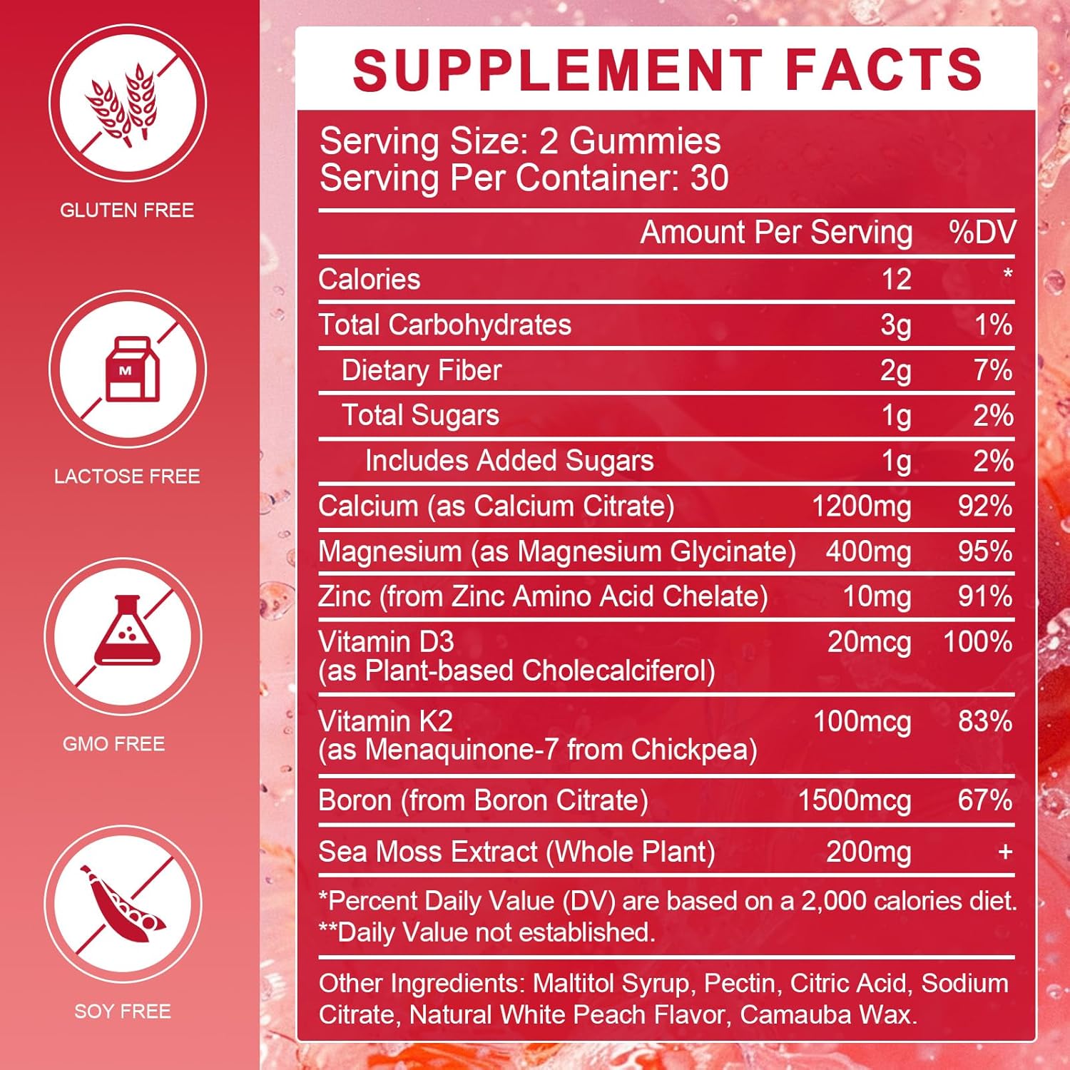 2-Pack WOGORGT Calcium Citrate 1200mg Gummies with Vitamin D3, K2 - Chewable Calcium Magnesium Zinc d3 Supplement with Sea Moss Extract - Peach Flavor - Bone, Teeth, Immune Support for Women & Men