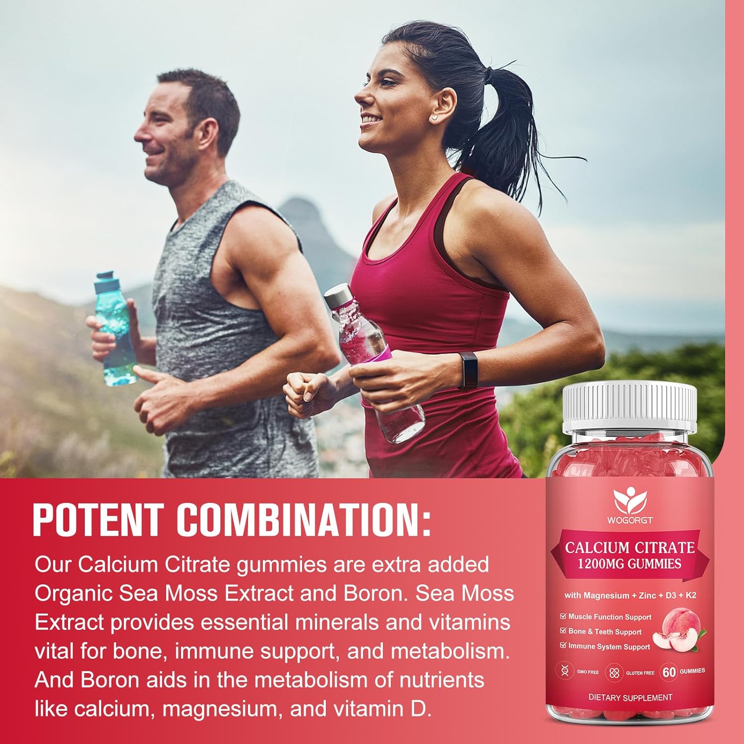 2-Pack WOGORGT Calcium Citrate 1200mg Gummies with Vitamin D3, K2 - Chewable Calcium Magnesium Zinc d3 Supplement with Sea Moss Extract - Peach Flavor - Bone, Teeth, Immune Support for Women & Men