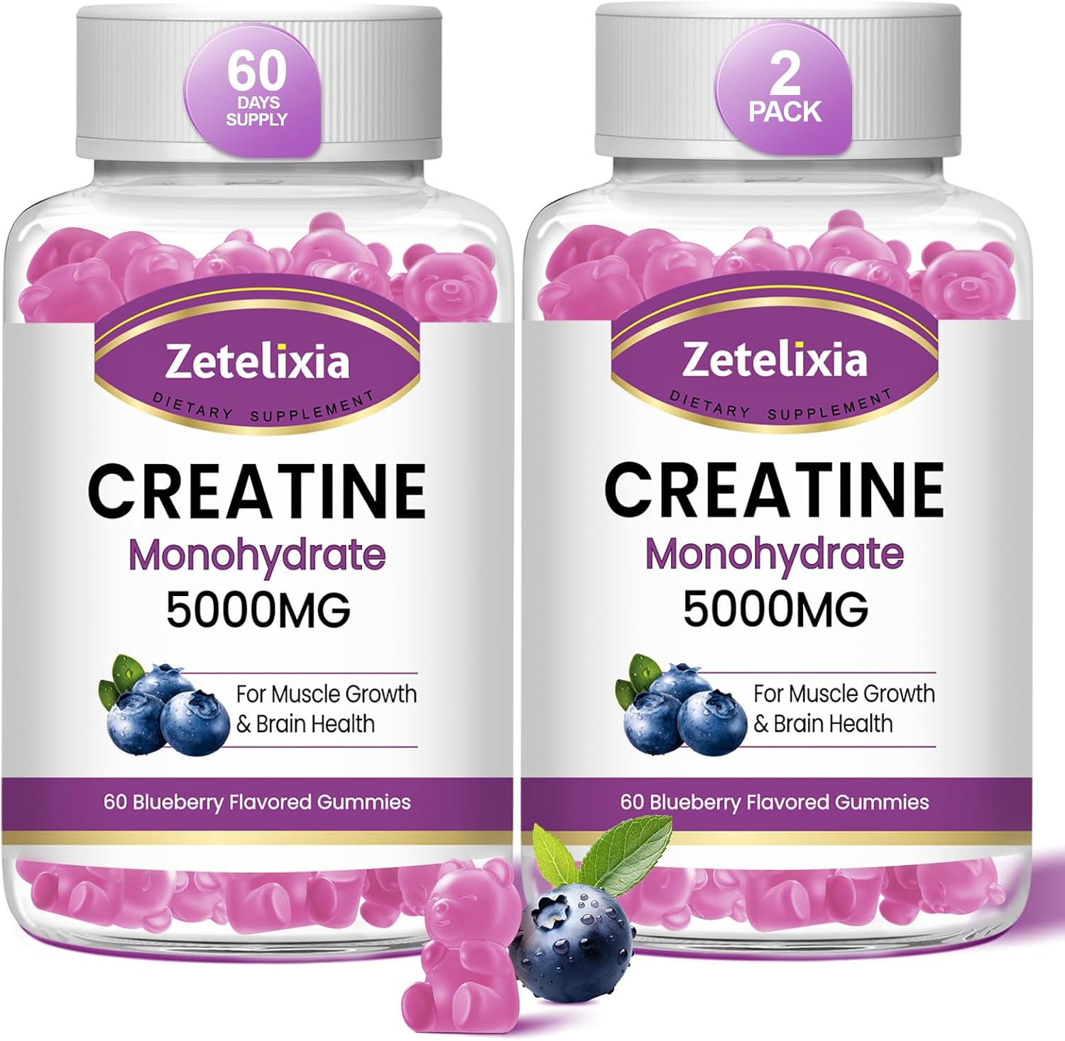 2 Pack Zetelixia Creatine Monohydrate Gummies 5g for Muscle Strength, Muscle Builder & Energy Support - Blueberry Flavor - 120 Count